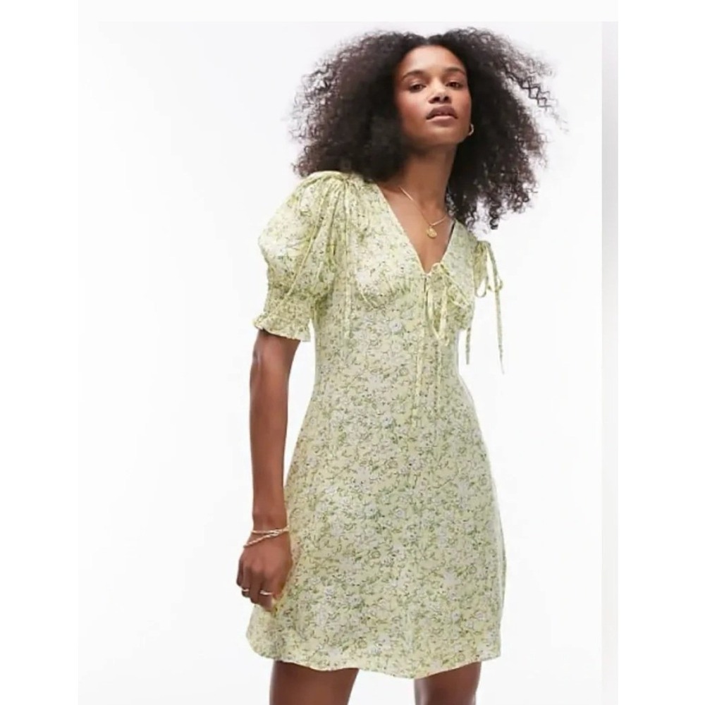 Topshop Yellow Floral Mini Dress Tie Front Puff Sleeve V-Neck Cottagecore US 6